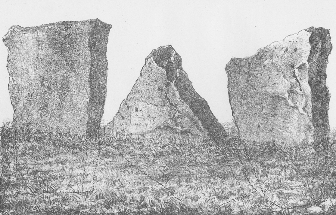 De gauche à droite, pierre Brunehaut, menhir de Gozée au moment de sa découverte, projet de redressement du menhir de Gozée.